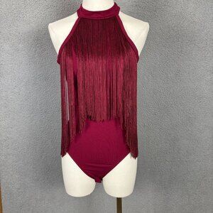 Verdusa Sleeveless Burgundy Fringe Bodysuit Halter Neck Size Small NWT's